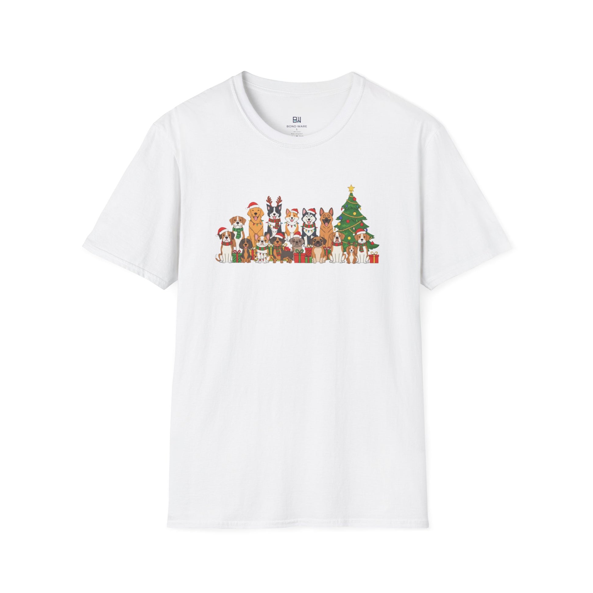 White t-shirt with a colorful graphic of dogs around a Christmas tree on a white background